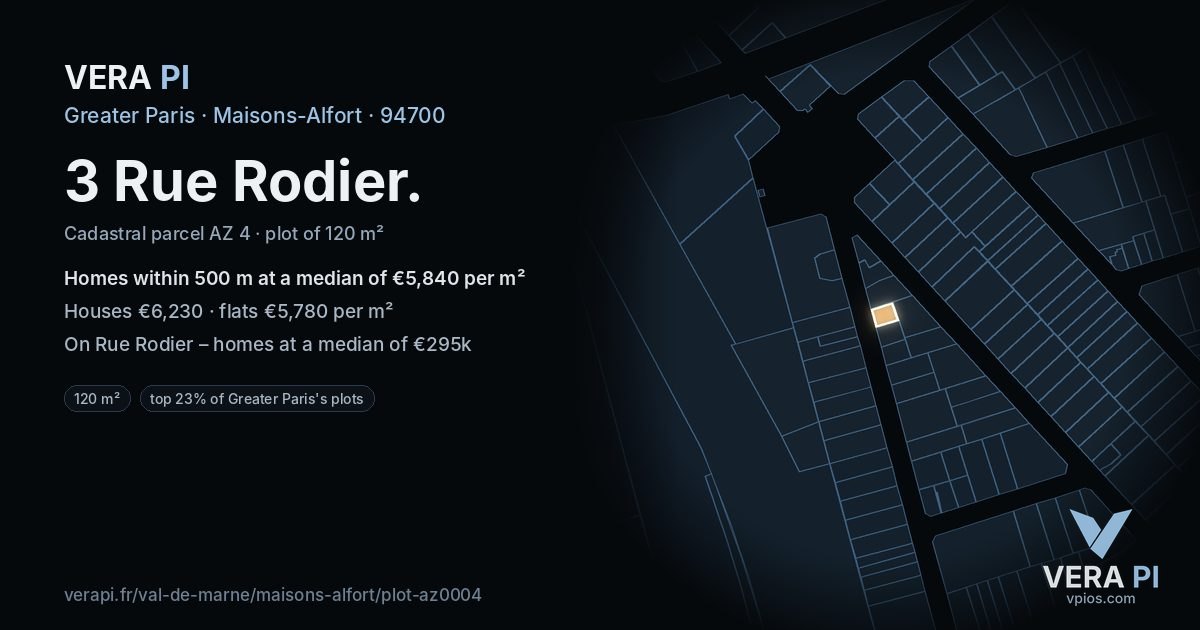 3 Rue Rodier, Maisons-Alfort at night – the plot lit, the parcels around coloured by the prices near them