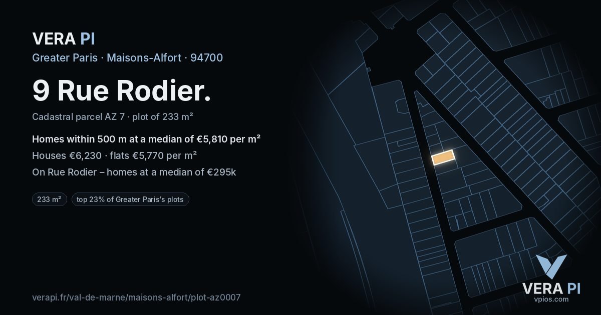 9 Rue Rodier, Maisons-Alfort at night – the plot lit, the parcels around coloured by the prices near them