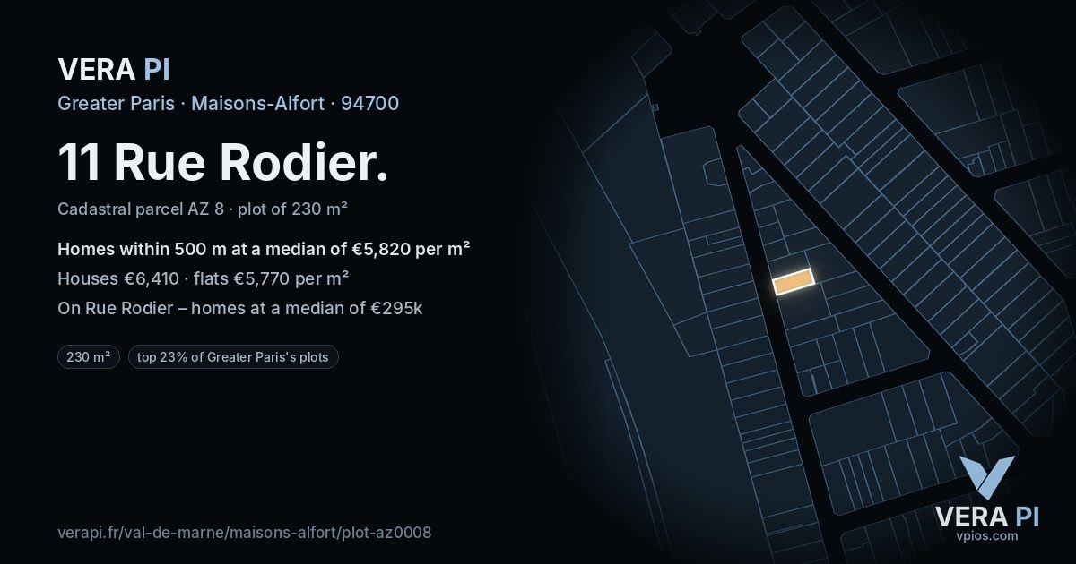 11 Rue Rodier, Maisons-Alfort at night – the plot lit, the parcels around coloured by the prices near them