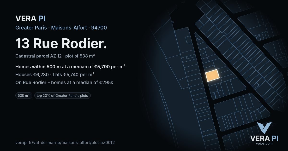 13 Rue Rodier, Maisons-Alfort at night – the plot lit, the parcels around coloured by the prices near them