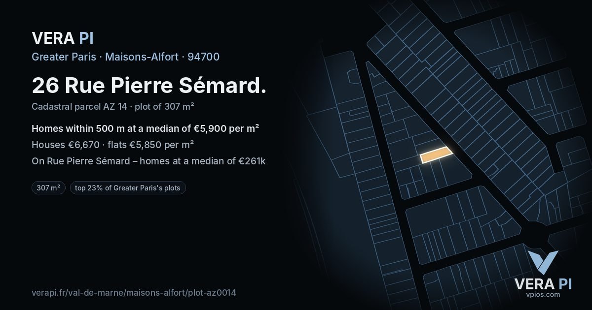 26 Rue Pierre Sémard, Maisons-Alfort at night – the plot lit, the parcels around coloured by the prices near them
