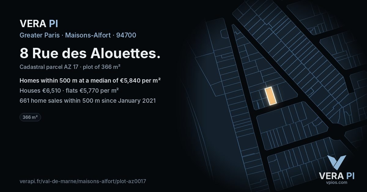 8 Rue des Alouettes, Maisons-Alfort at night – the plot lit, the parcels around coloured by the prices near them