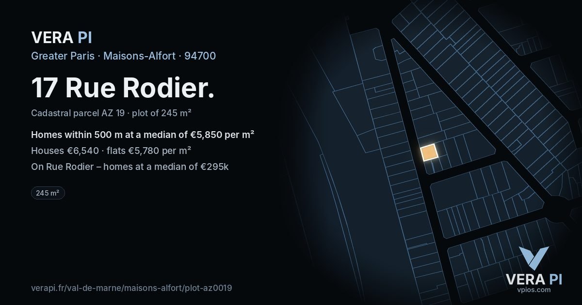 17 Rue Rodier, Maisons-Alfort at night – the plot lit, the parcels around coloured by the prices near them