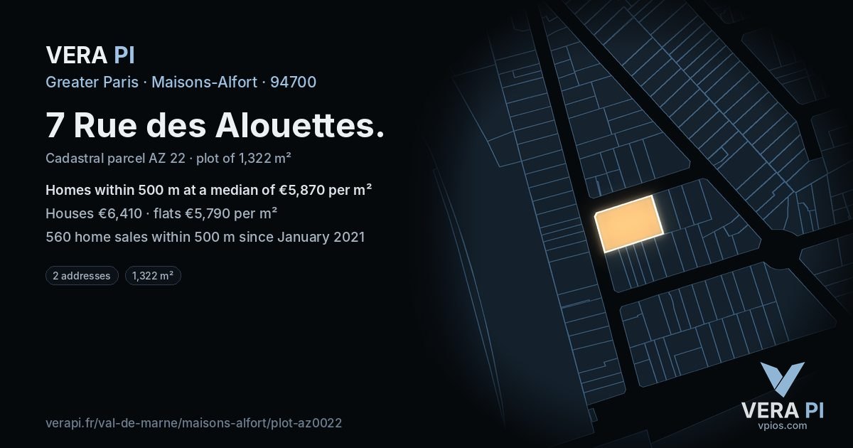 7 Rue des Alouettes, Maisons-Alfort at night – the plot lit, the parcels around coloured by the prices near them