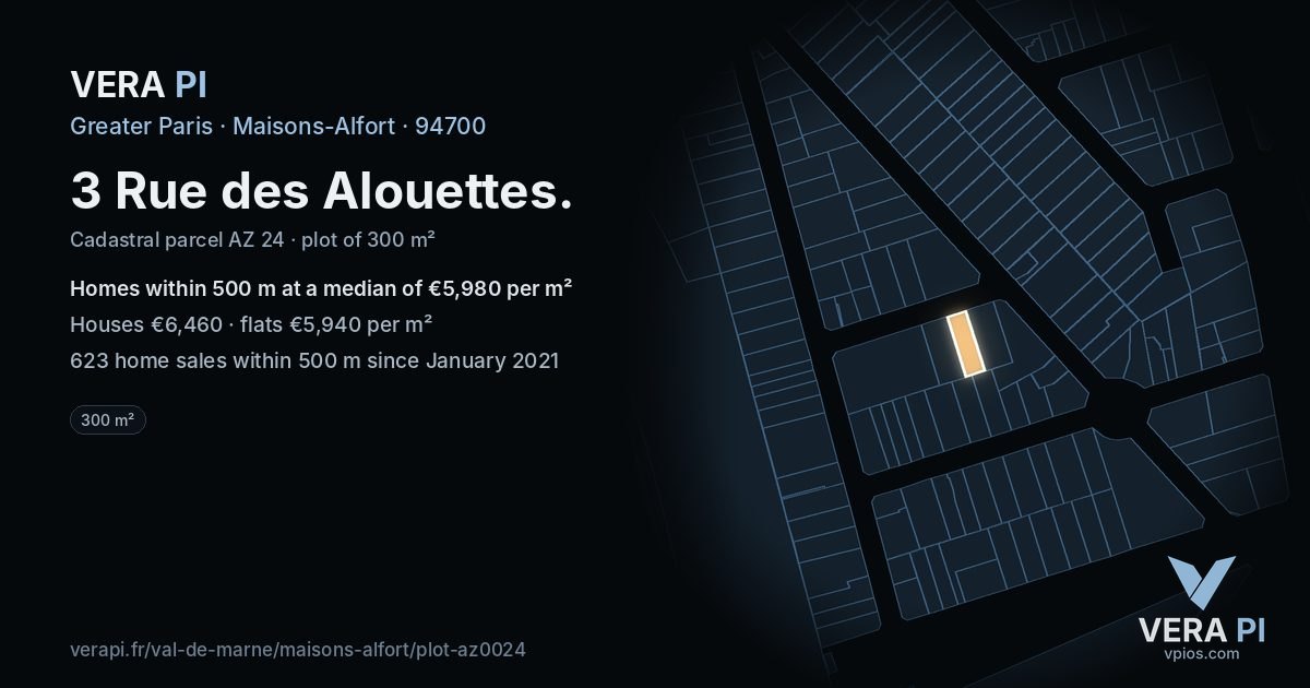 3 Rue des Alouettes, Maisons-Alfort at night – the plot lit, the parcels around coloured by the prices near them