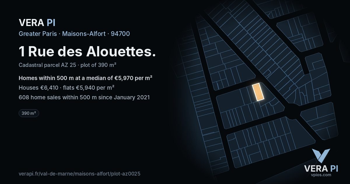 1 Rue des Alouettes, Maisons-Alfort at night – the plot lit, the parcels around coloured by the prices near them
