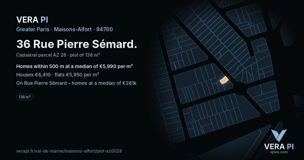36 Rue Pierre Sémard, Maisons-Alfort at night – the plot lit, the parcels around coloured by the prices near them