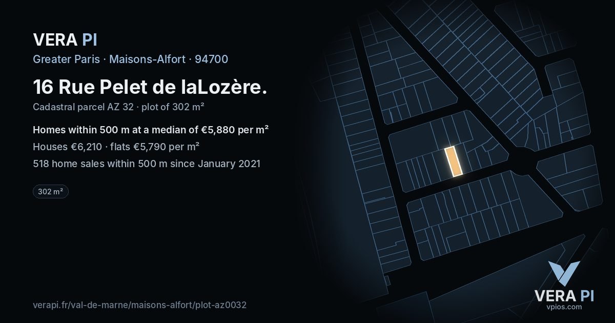 16 Rue Pelet de laLozère, Maisons-Alfort at night – the plot lit, the parcels around coloured by the prices near them