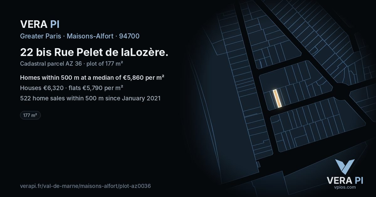 22 bis Rue Pelet de laLozère, Maisons-Alfort at night – the plot lit, the parcels around coloured by the prices near them