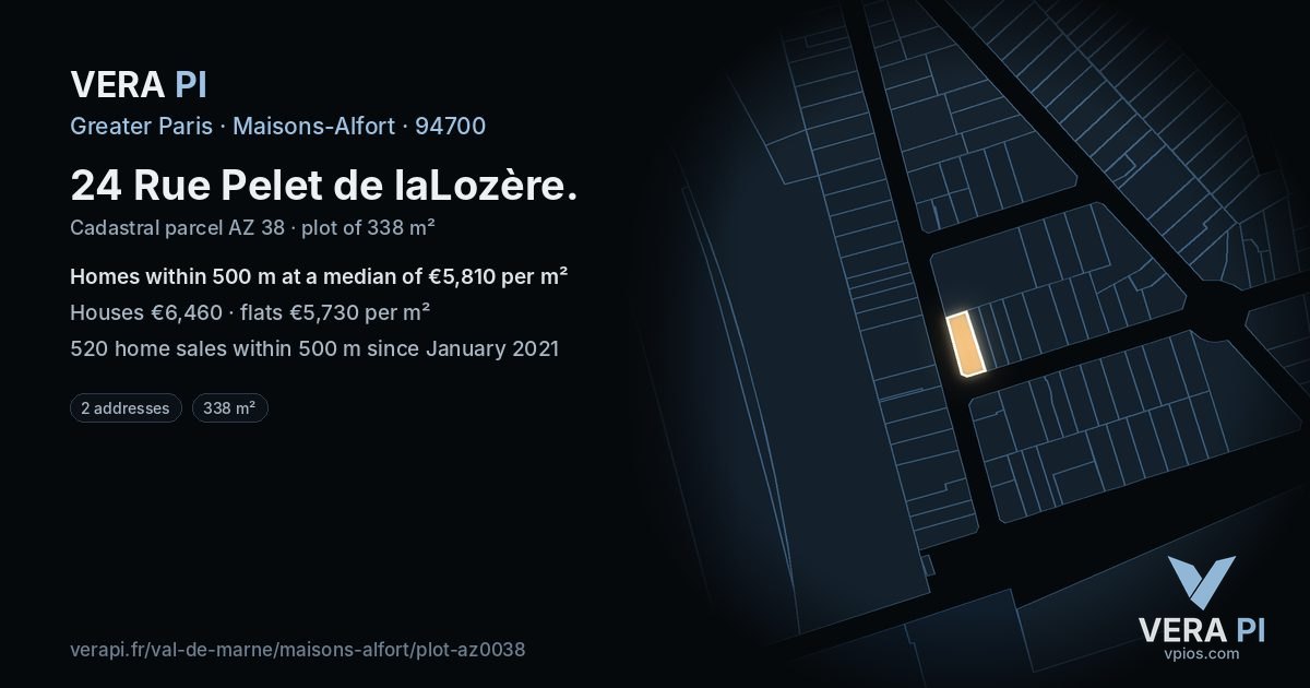 24 Rue Pelet de laLozère, Maisons-Alfort at night – the plot lit, the parcels around coloured by the prices near them