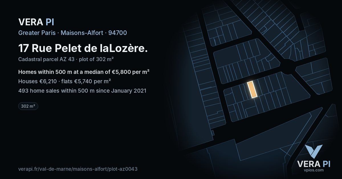 17 Rue Pelet de laLozère, Maisons-Alfort at night – the plot lit, the parcels around coloured by the prices near them