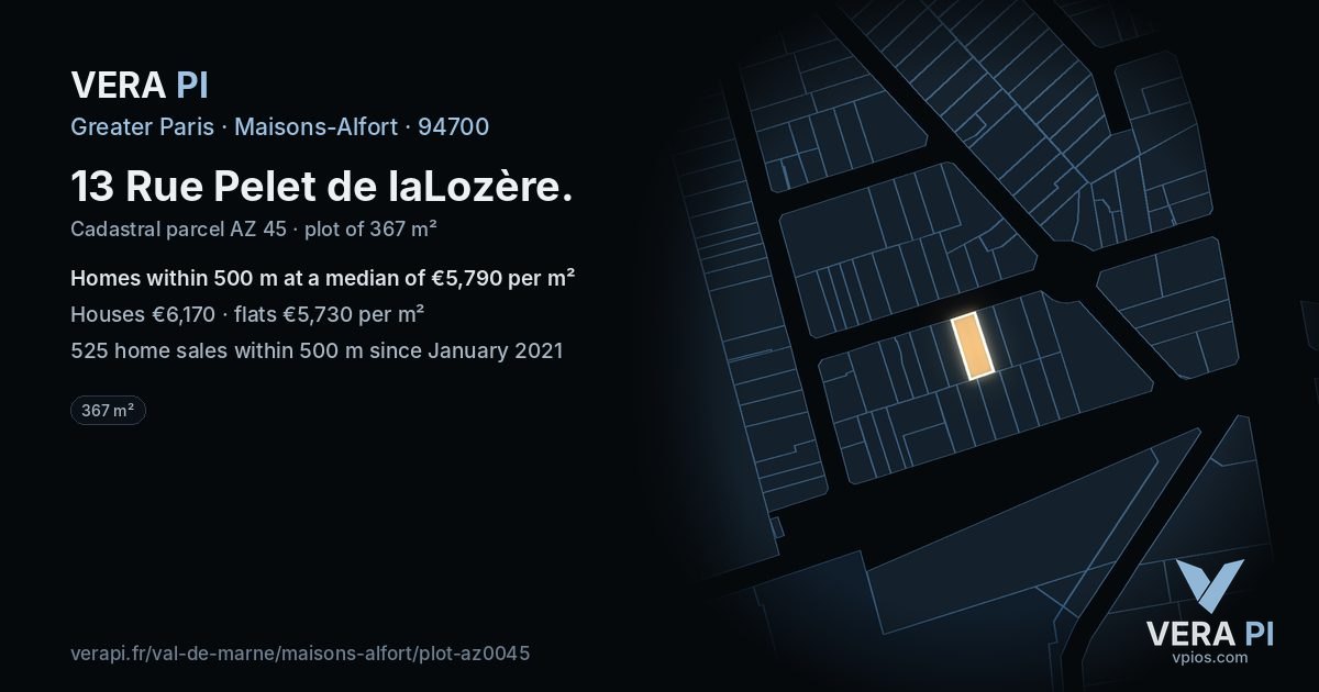 13 Rue Pelet de laLozère, Maisons-Alfort at night – the plot lit, the parcels around coloured by the prices near them
