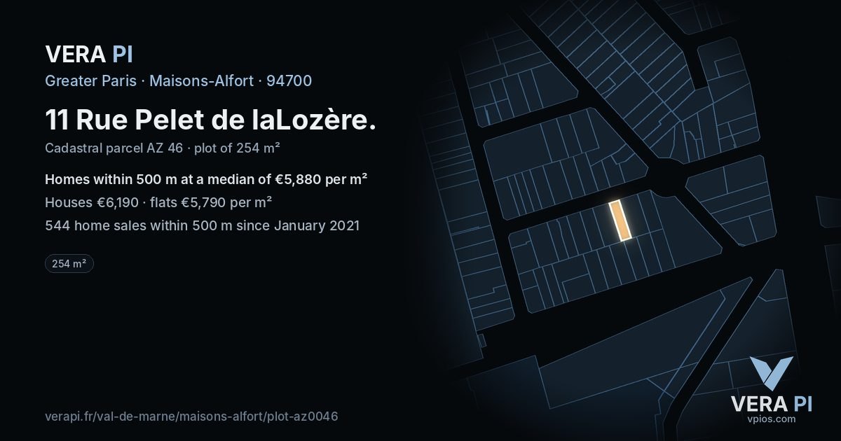 11 Rue Pelet de laLozère, Maisons-Alfort at night – the plot lit, the parcels around coloured by the prices near them