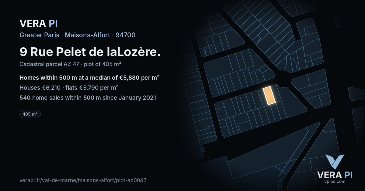 9 Rue Pelet de laLozère, Maisons-Alfort at night – the plot lit, the parcels around coloured by the prices near them