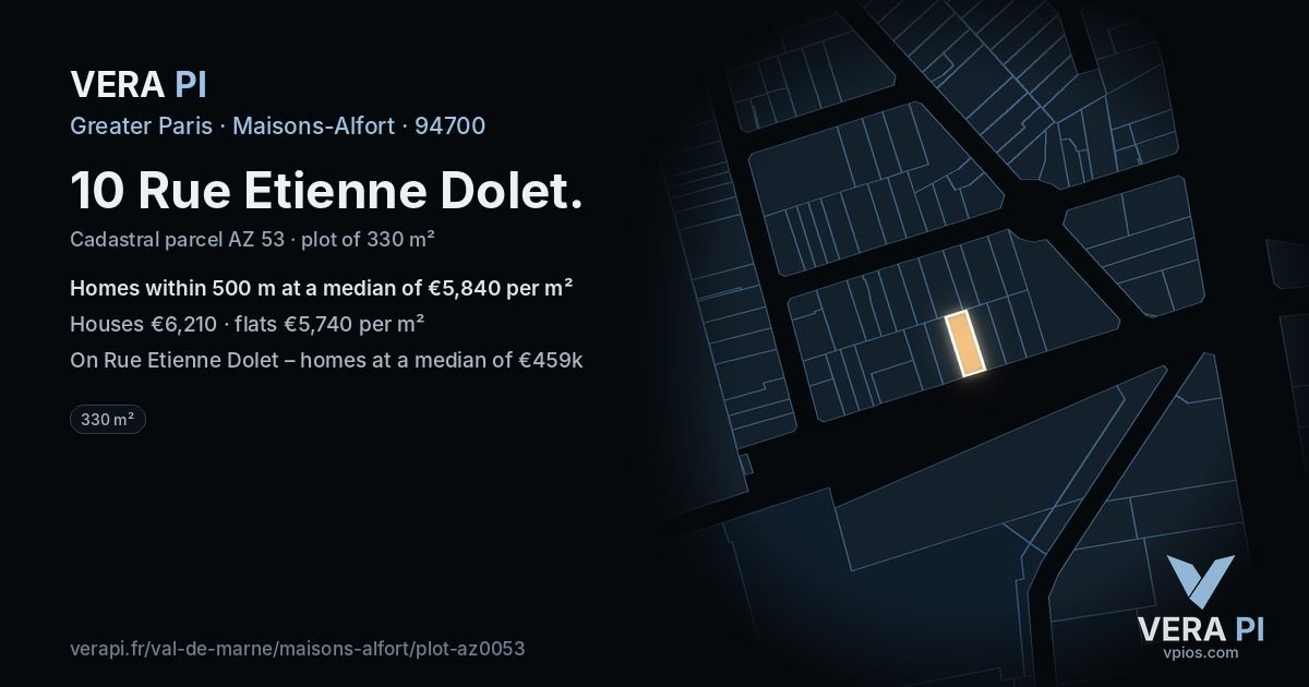 10 Rue Etienne Dolet, Maisons-Alfort at night – the plot lit, the parcels around coloured by the prices near them