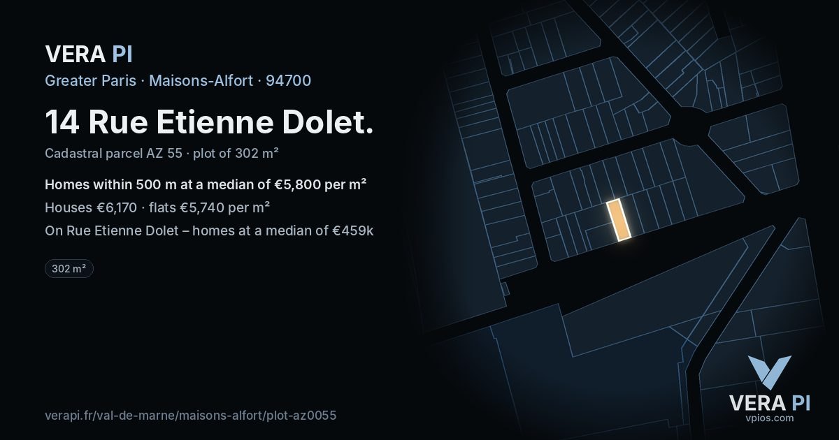14 Rue Etienne Dolet, Maisons-Alfort at night – the plot lit, the parcels around coloured by the prices near them