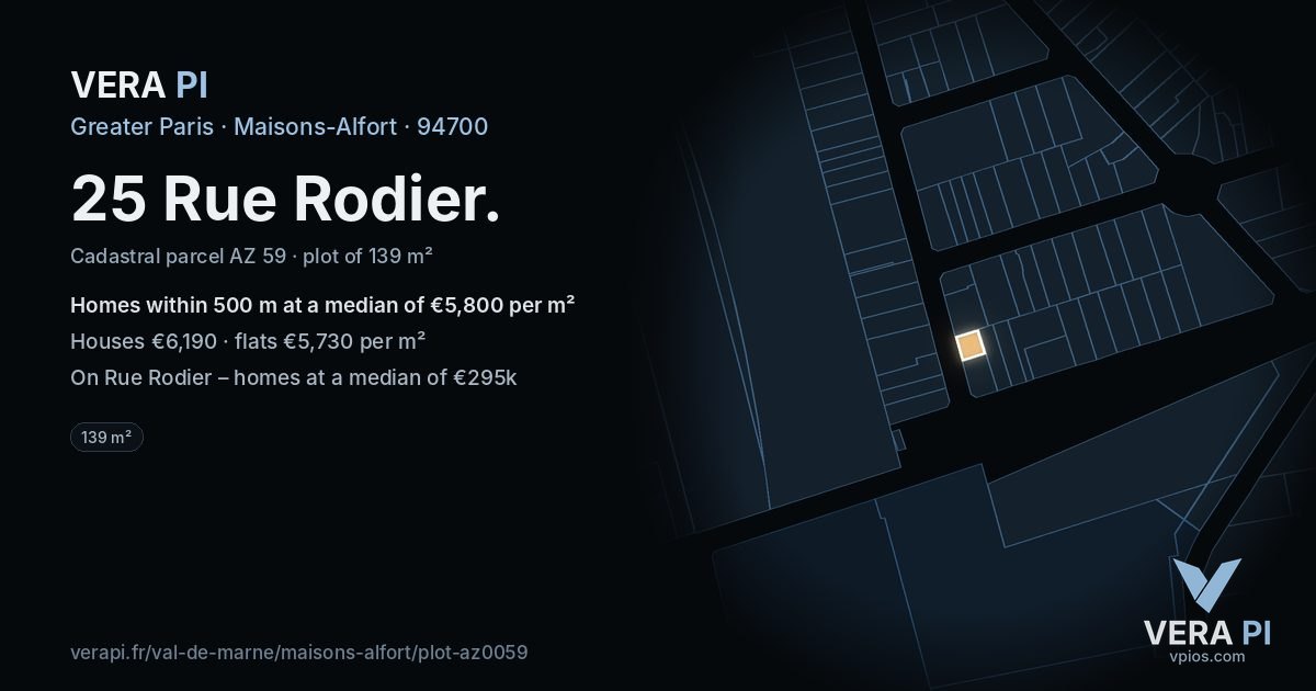 25 Rue Rodier, Maisons-Alfort at night – the plot lit, the parcels around coloured by the prices near them