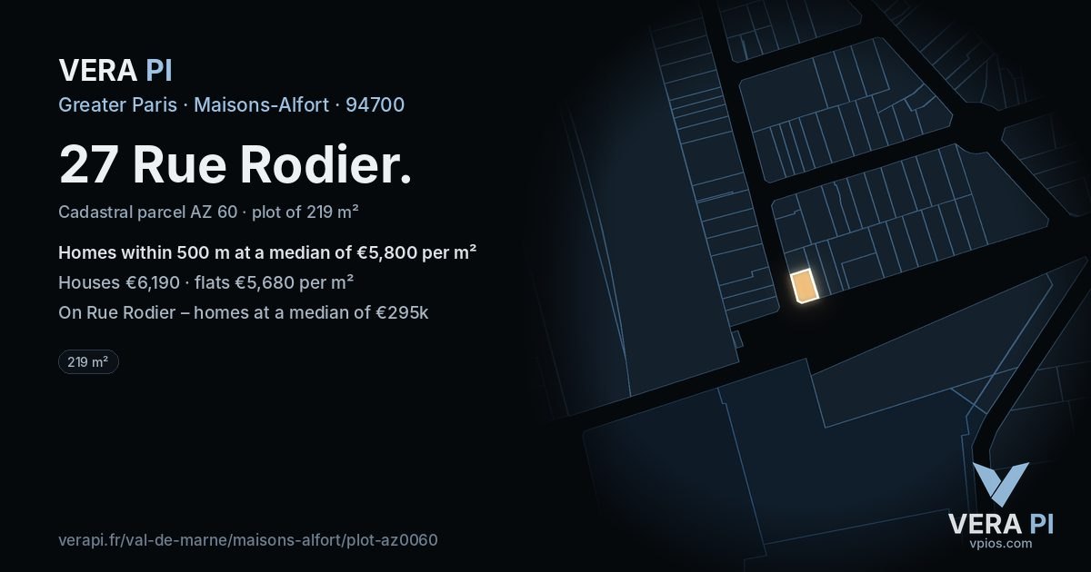 27 Rue Rodier, Maisons-Alfort at night – the plot lit, the parcels around coloured by the prices near them