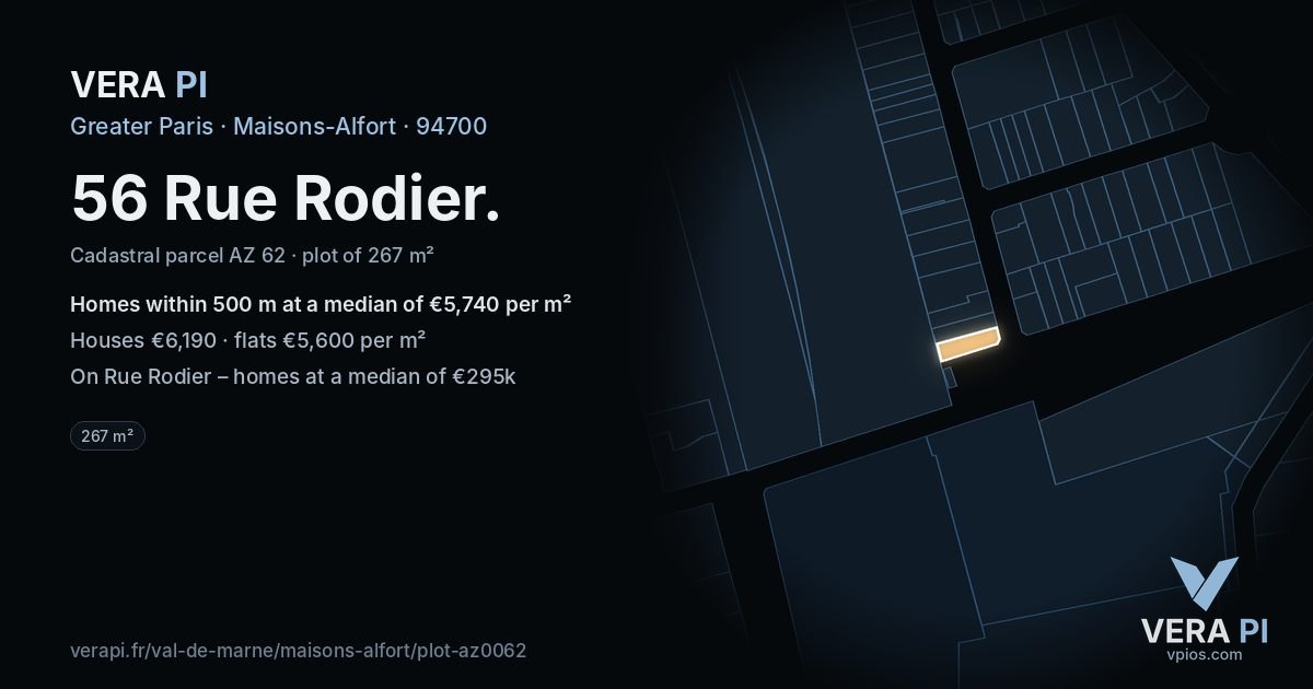56 Rue Rodier, Maisons-Alfort at night – the plot lit, the parcels around coloured by the prices near them