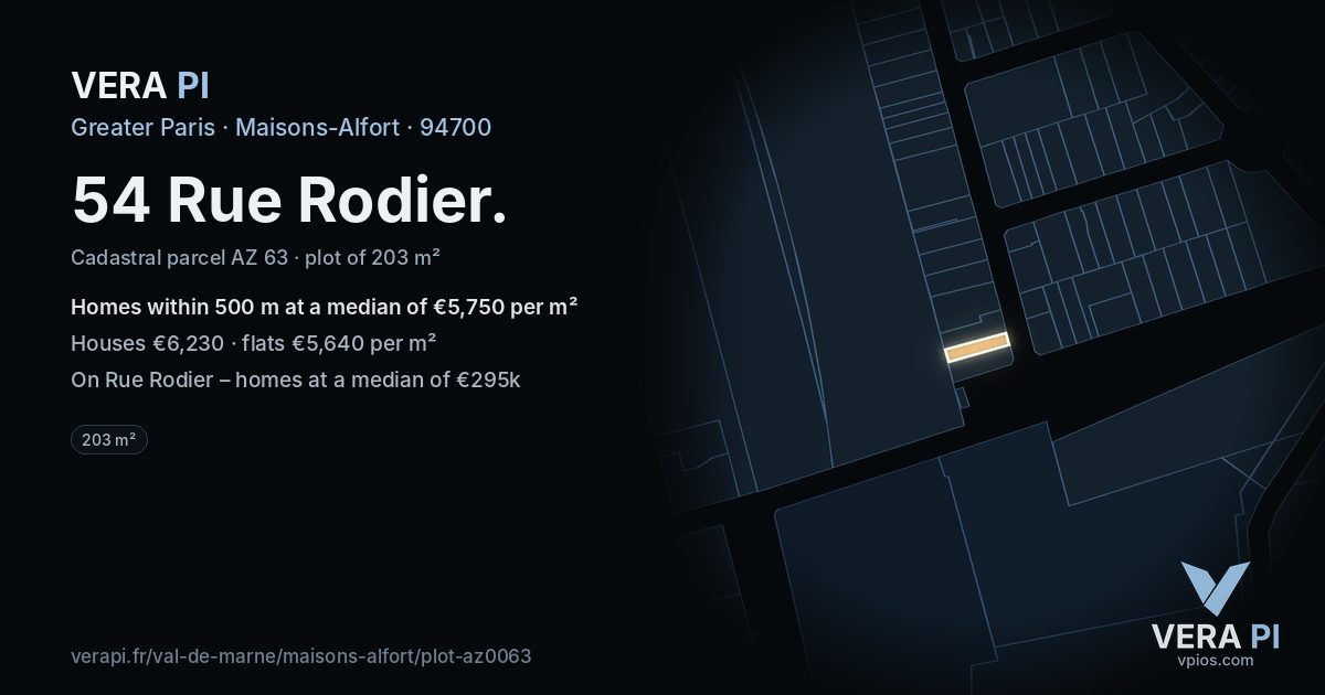 54 Rue Rodier, Maisons-Alfort at night – the plot lit, the parcels around coloured by the prices near them