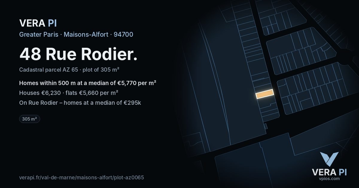 48 Rue Rodier, Maisons-Alfort at night – the plot lit, the parcels around coloured by the prices near them