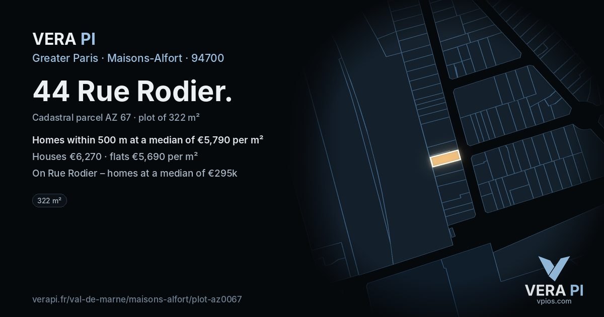 44 Rue Rodier, Maisons-Alfort at night – the plot lit, the parcels around coloured by the prices near them