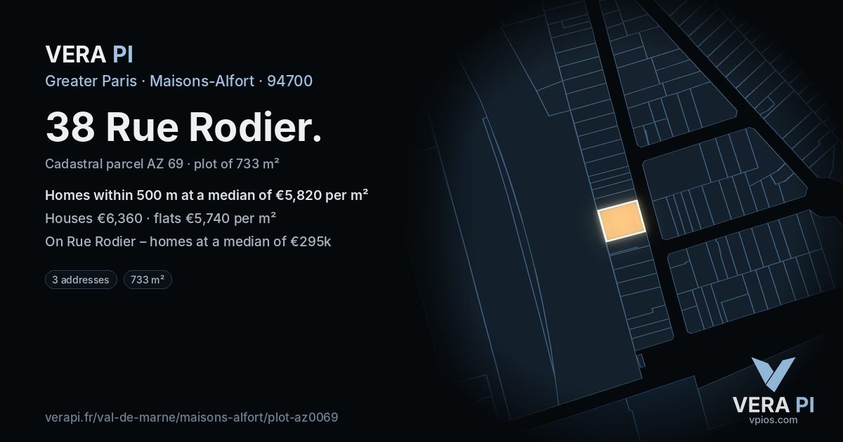38 Rue Rodier, Maisons-Alfort at night – the plot lit, the parcels around coloured by the prices near them
