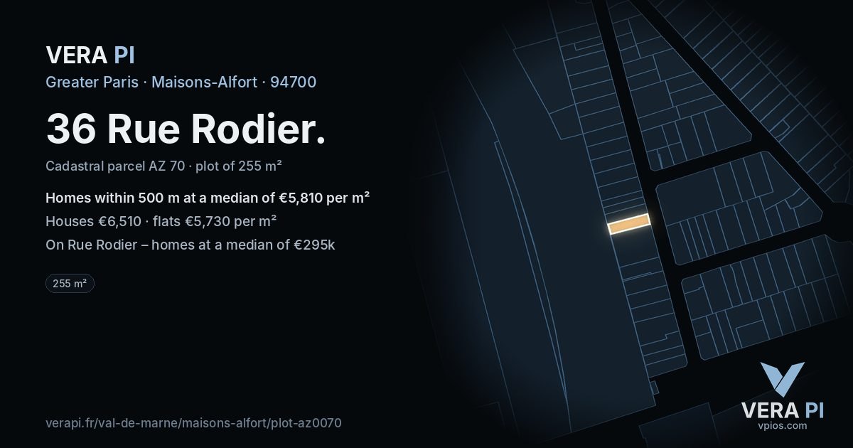 36 Rue Rodier, Maisons-Alfort at night – the plot lit, the parcels around coloured by the prices near them