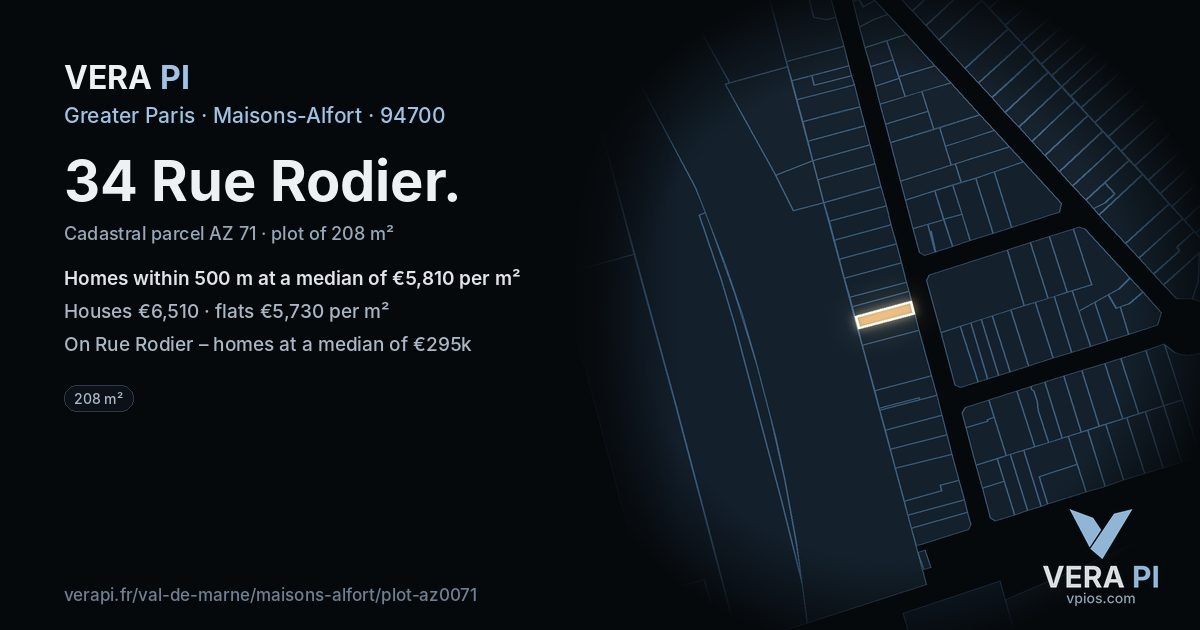 34 Rue Rodier, Maisons-Alfort at night – the plot lit, the parcels around coloured by the prices near them