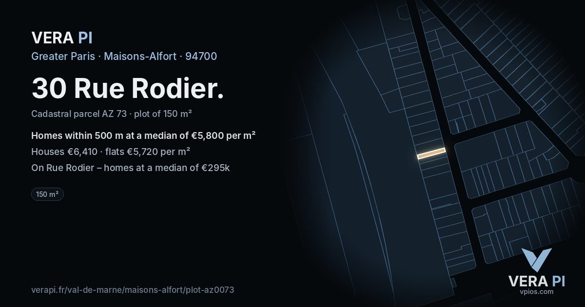 30 Rue Rodier, Maisons-Alfort at night – the plot lit, the parcels around coloured by the prices near them