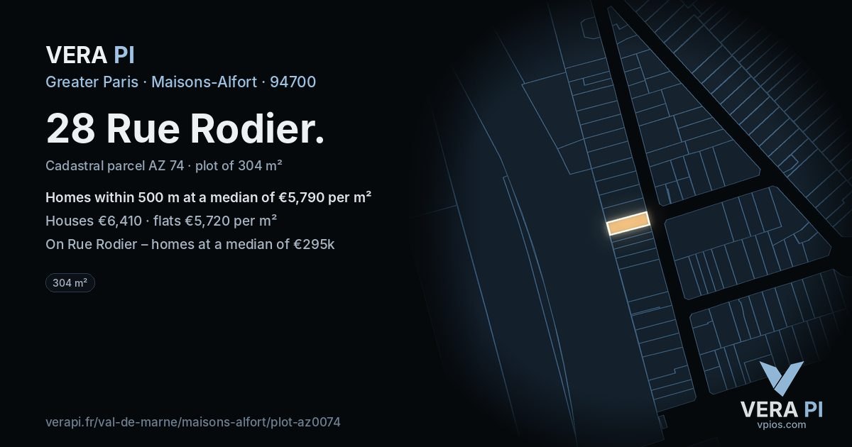 28 Rue Rodier, Maisons-Alfort at night – the plot lit, the parcels around coloured by the prices near them