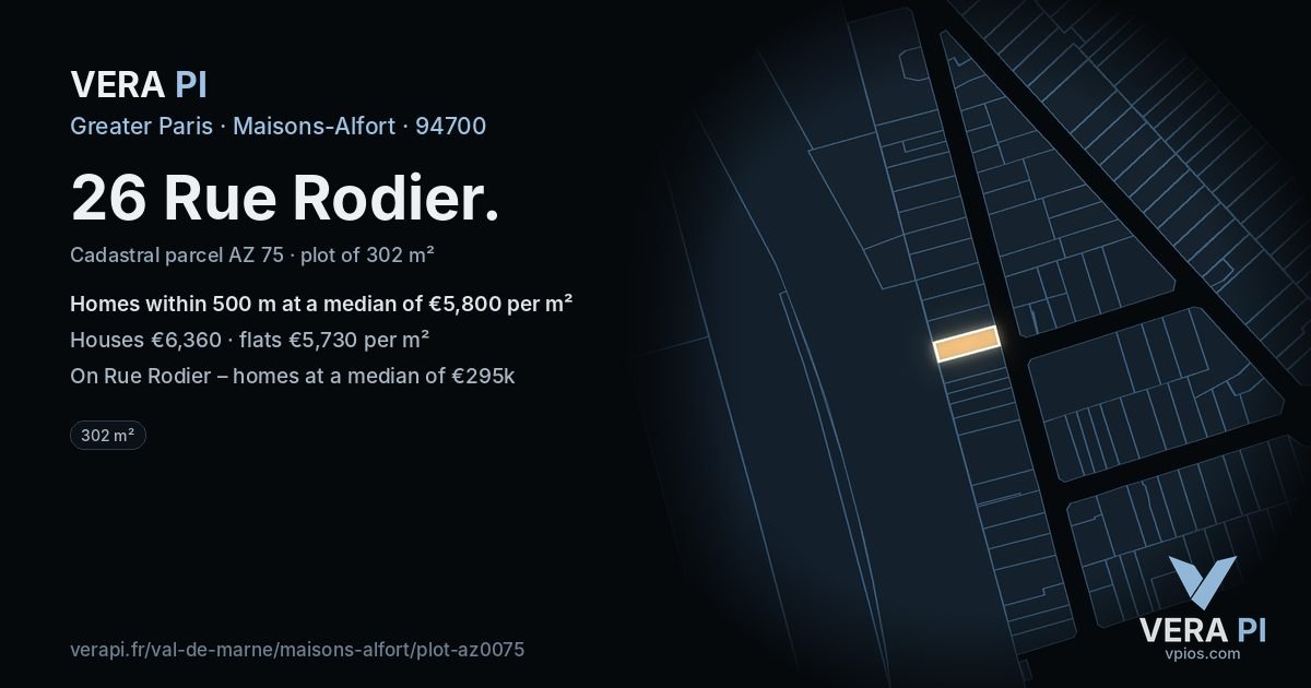 26 Rue Rodier, Maisons-Alfort at night – the plot lit, the parcels around coloured by the prices near them