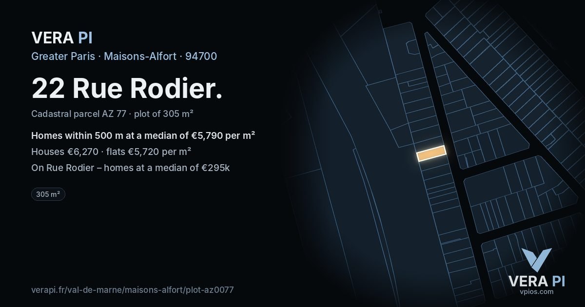 22 Rue Rodier, Maisons-Alfort at night – the plot lit, the parcels around coloured by the prices near them
