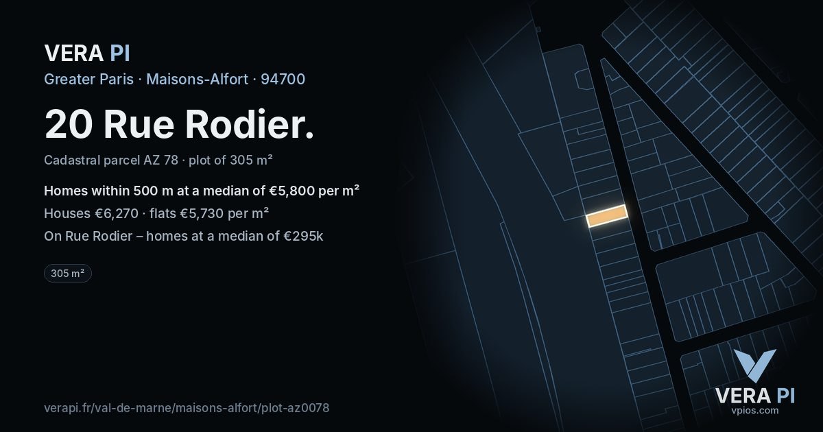 20 Rue Rodier, Maisons-Alfort at night – the plot lit, the parcels around coloured by the prices near them