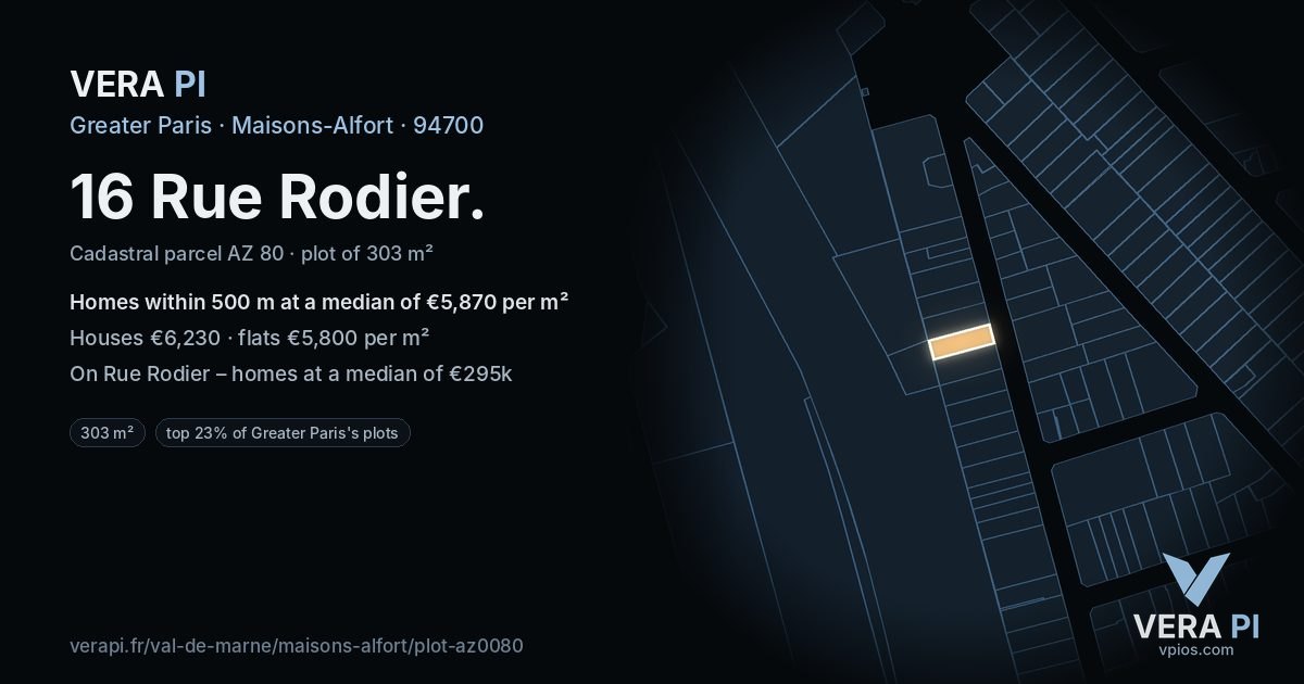 16 Rue Rodier, Maisons-Alfort at night – the plot lit, the parcels around coloured by the prices near them