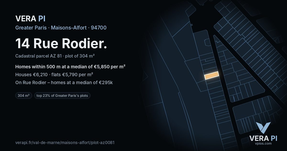 14 Rue Rodier, Maisons-Alfort at night – the plot lit, the parcels around coloured by the prices near them