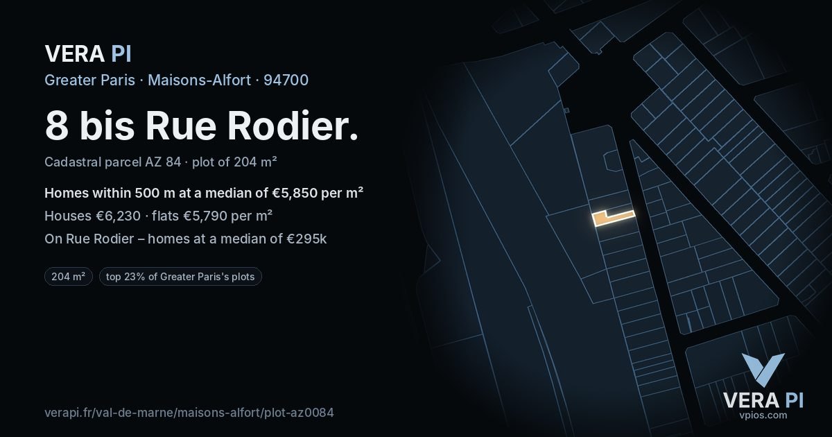 8 bis Rue Rodier, Maisons-Alfort at night – the plot lit, the parcels around coloured by the prices near them