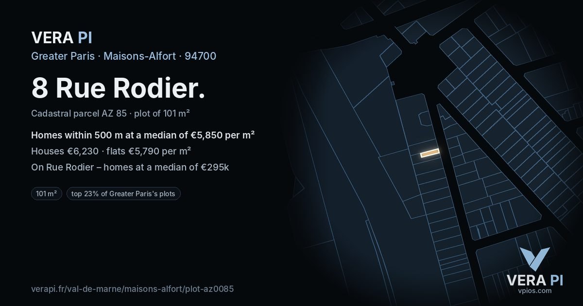 8 Rue Rodier, Maisons-Alfort at night – the plot lit, the parcels around coloured by the prices near them