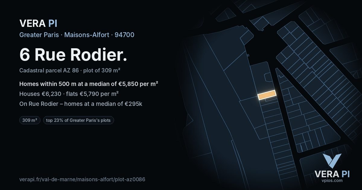 6 Rue Rodier, Maisons-Alfort at night – the plot lit, the parcels around coloured by the prices near them