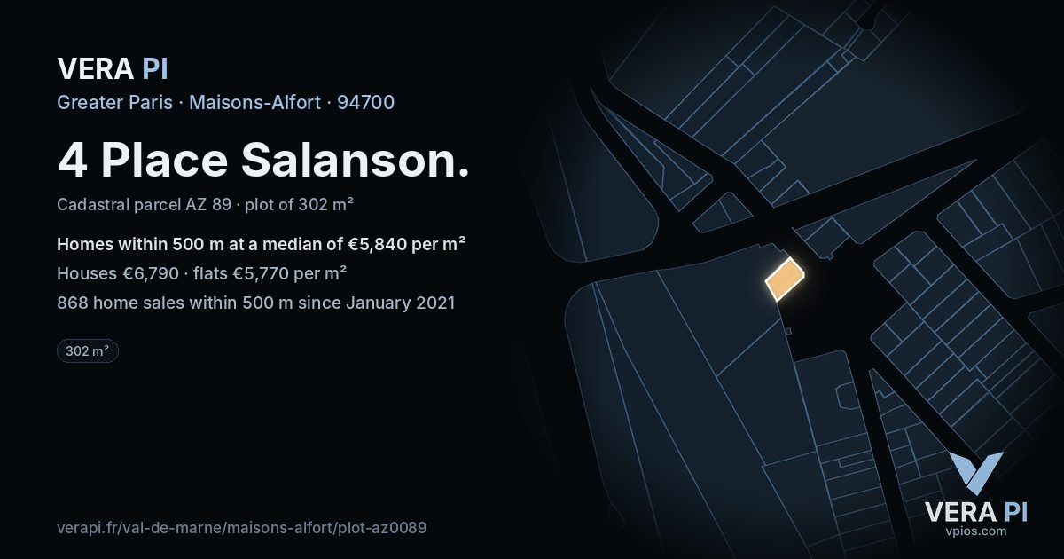 4 Place Salanson, Maisons-Alfort at night – the plot lit, the parcels around coloured by the prices near them