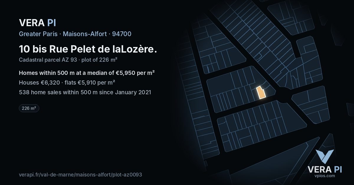 10 bis Rue Pelet de laLozère, Maisons-Alfort at night – the plot lit, the parcels around coloured by the prices near them