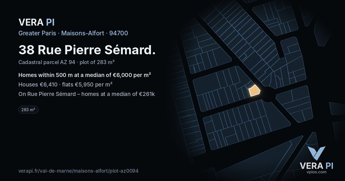 38 Rue Pierre Sémard, Maisons-Alfort at night – the plot lit, the parcels around coloured by the prices near them