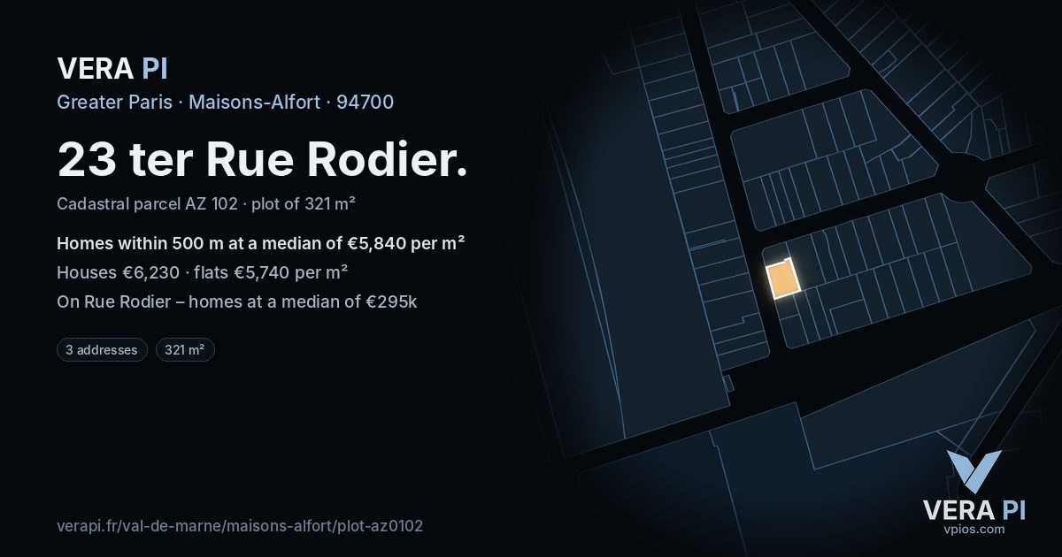 23 ter Rue Rodier, Maisons-Alfort at night – the plot lit, the parcels around coloured by the prices near them