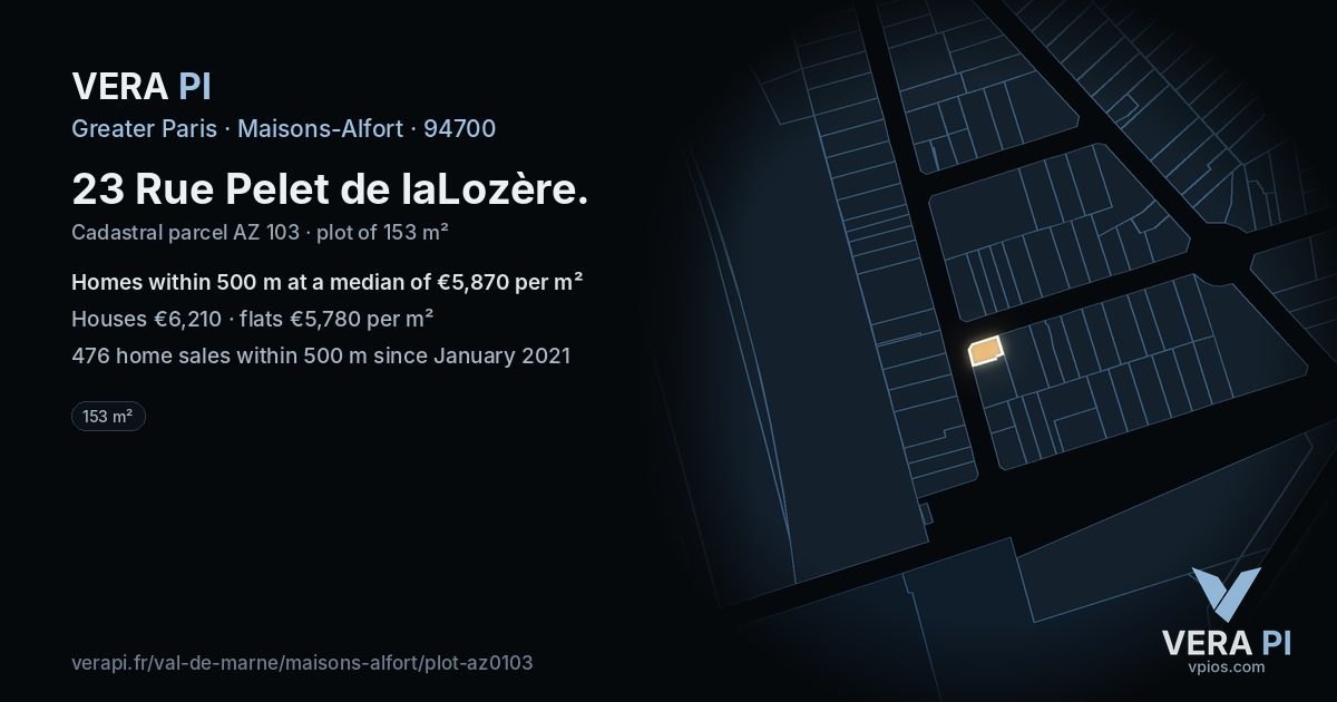 23 Rue Pelet de laLozère, Maisons-Alfort at night – the plot lit, the parcels around coloured by the prices near them
