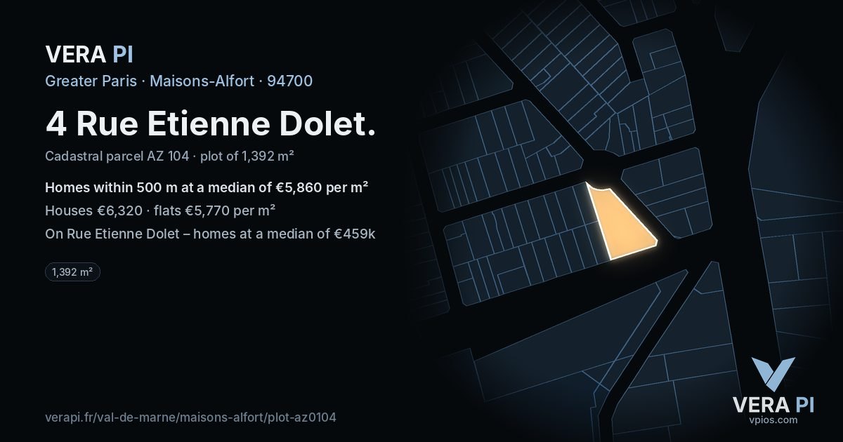 4 Rue Etienne Dolet, Maisons-Alfort at night – the plot lit, the parcels around coloured by the prices near them