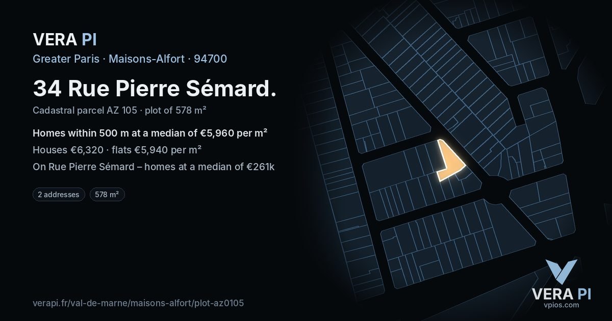 34 Rue Pierre Sémard, Maisons-Alfort at night – the plot lit, the parcels around coloured by the prices near them
