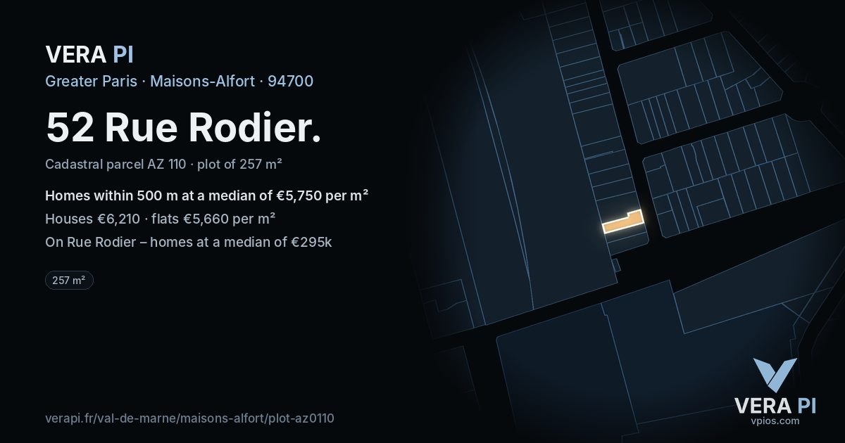 52 Rue Rodier, Maisons-Alfort at night – the plot lit, the parcels around coloured by the prices near them