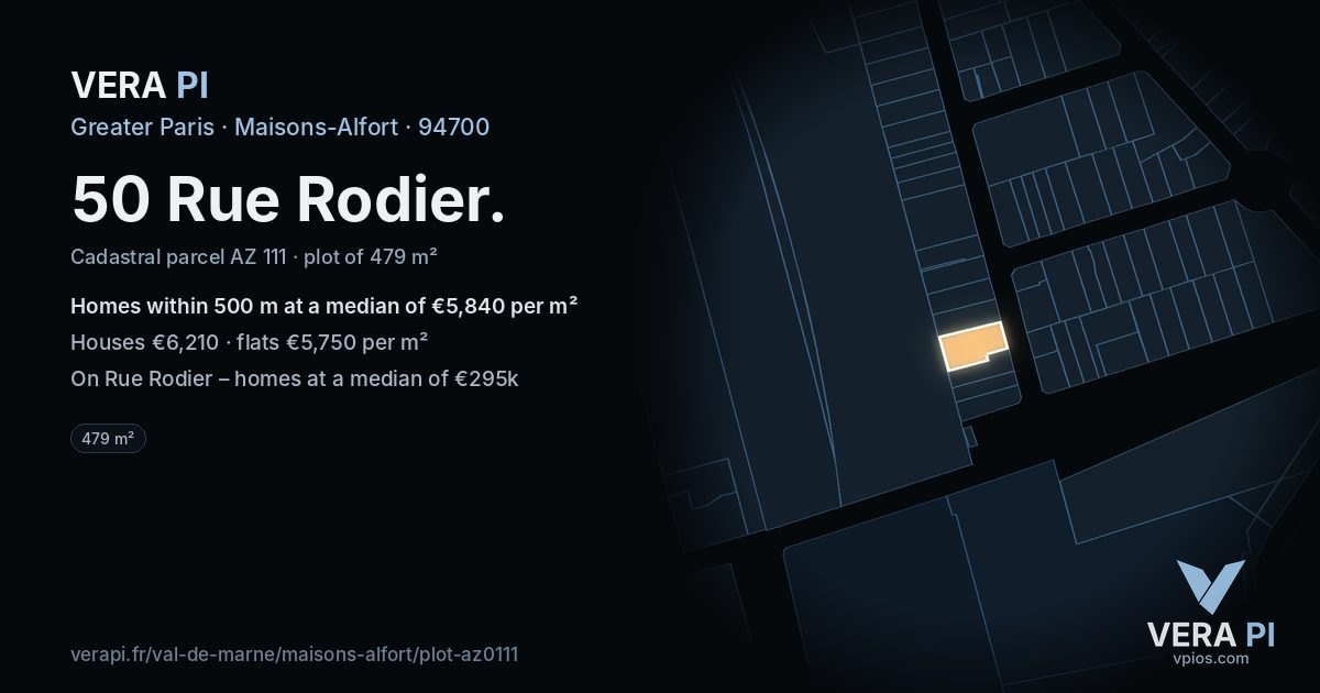 50 Rue Rodier, Maisons-Alfort at night – the plot lit, the parcels around coloured by the prices near them