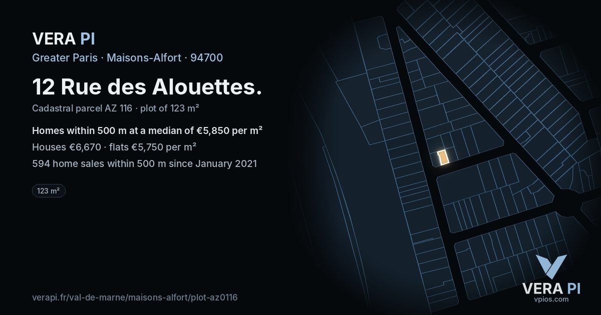 12 Rue des Alouettes, Maisons-Alfort at night – the plot lit, the parcels around coloured by the prices near them