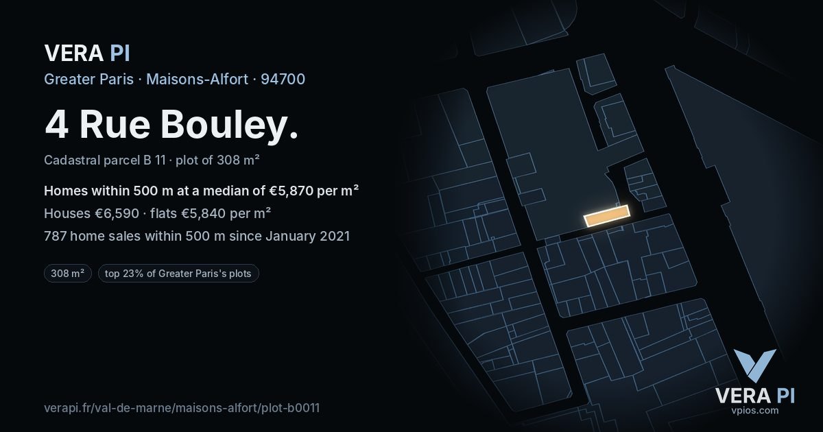4 Rue Bouley, Maisons-Alfort at night – the plot lit, the parcels around coloured by the prices near them
